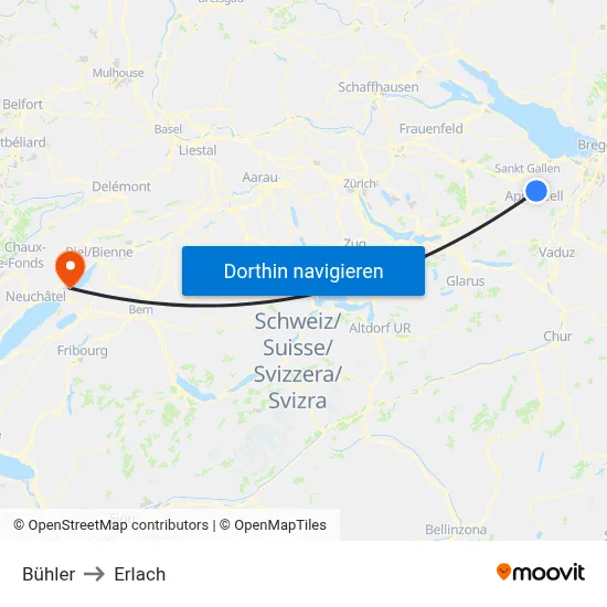 Bühler to Erlach map
