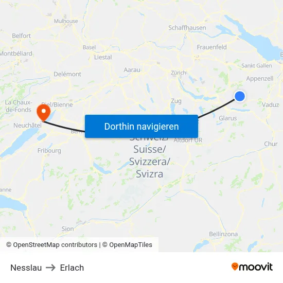 Nesslau to Erlach map