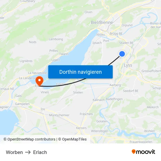 Worben to Erlach map