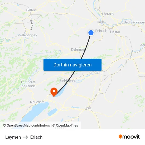 Leymen to Erlach map