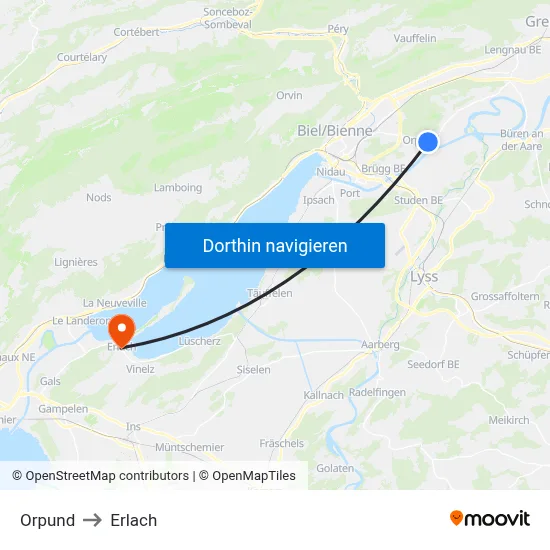 Orpund to Erlach map