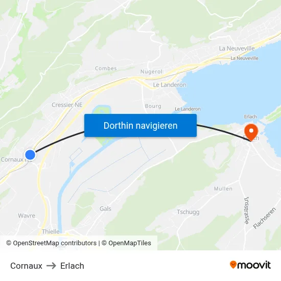 Cornaux to Erlach map