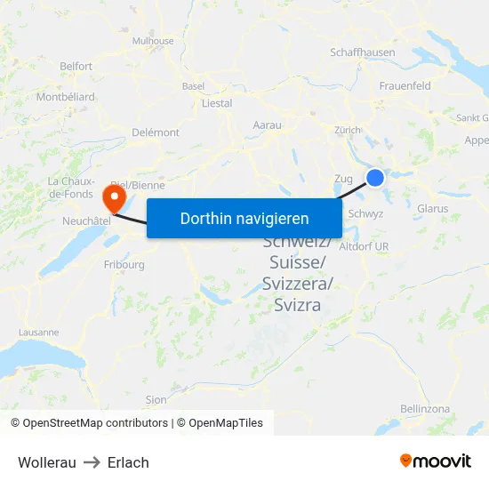 Wollerau to Erlach map
