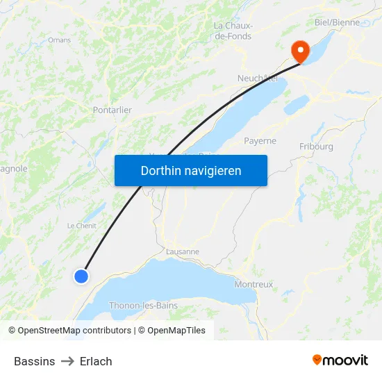 Bassins to Erlach map