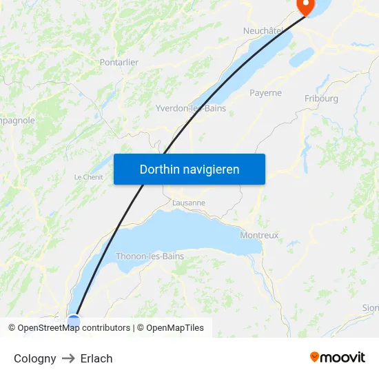 Cologny to Erlach map