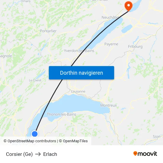Corsier (Ge) to Erlach map