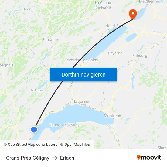 Crans-Près-Céligny to Erlach map