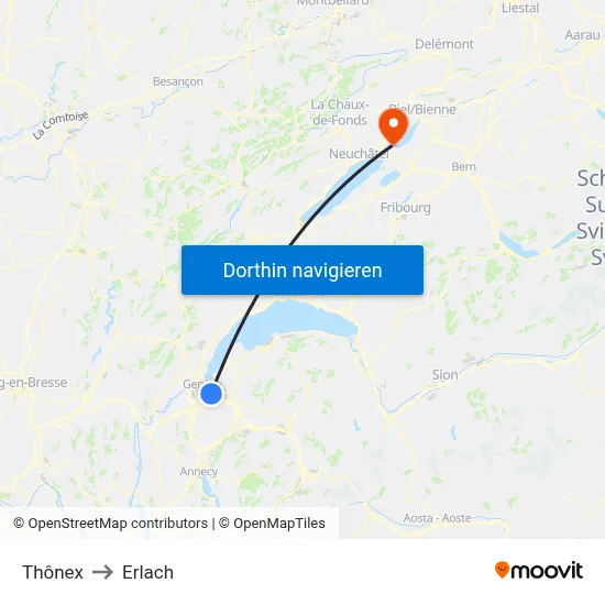 Thônex to Erlach map