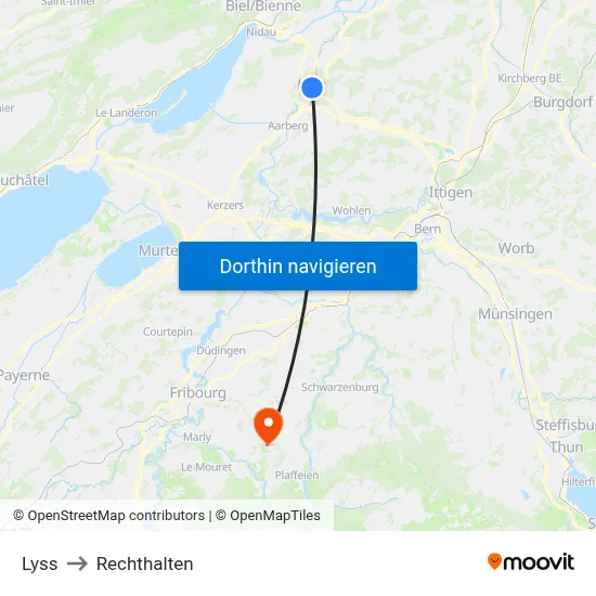 Lyss to Rechthalten map