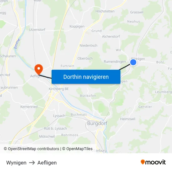 Wynigen to Aefligen map