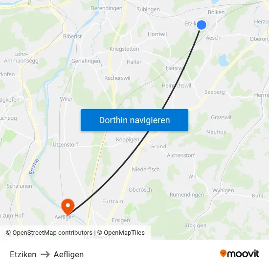 Etziken to Aefligen map