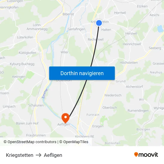 Kriegstetten to Aefligen map
