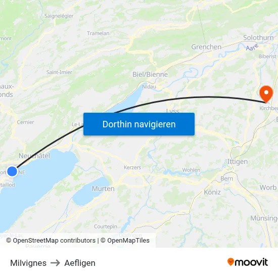 Milvignes to Aefligen map