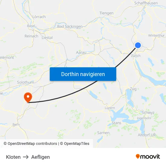 Kloten to Aefligen map