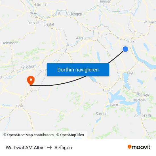 Wettswil AM Albis to Aefligen map