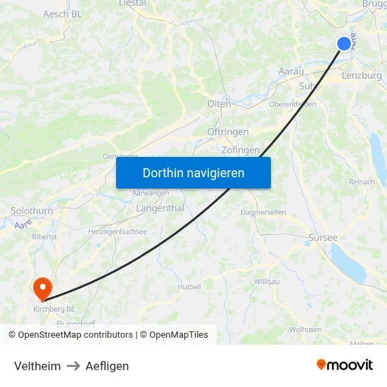 Veltheim to Aefligen map