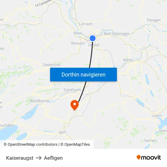 Kaiseraugst to Aefligen map