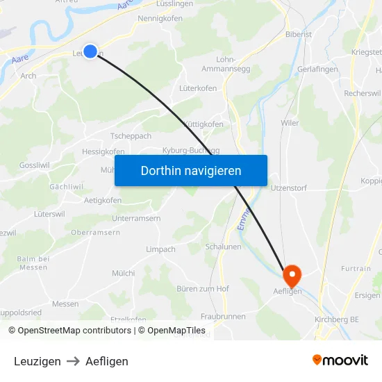 Leuzigen to Aefligen map