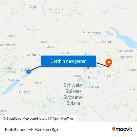Biel/Bienne to Benken (Sg) map