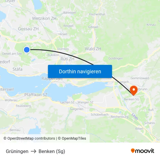 Grüningen to Benken (Sg) map