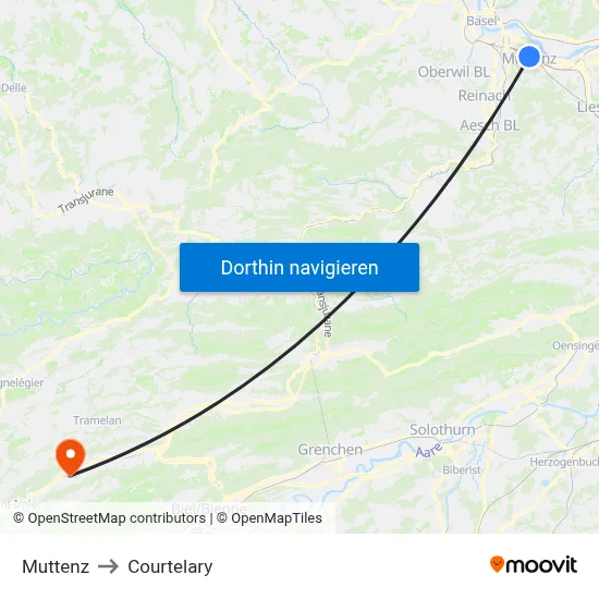 Muttenz to Courtelary map