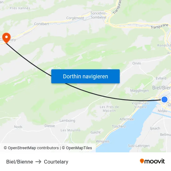 Biel/Bienne to Courtelary map