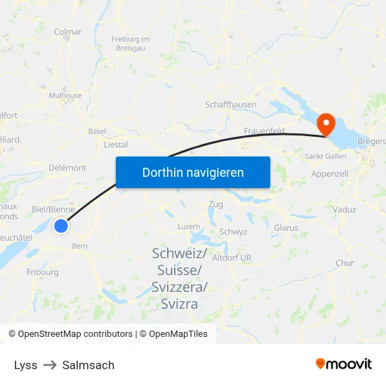 Lyss to Salmsach map