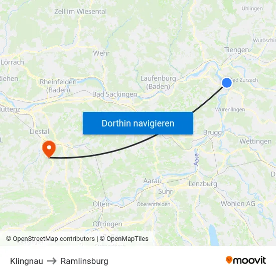 Klingnau to Ramlinsburg map
