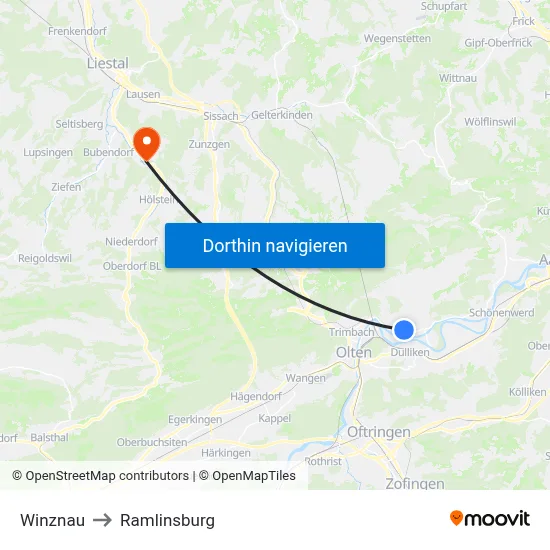 Winznau to Ramlinsburg map