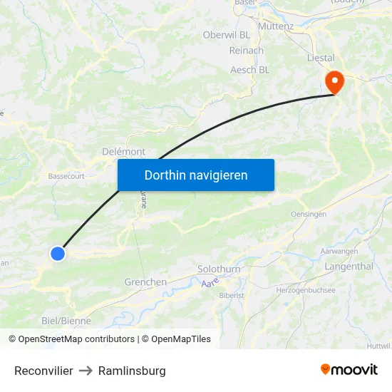 Reconvilier to Ramlinsburg map
