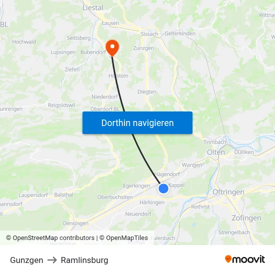 Gunzgen to Ramlinsburg map