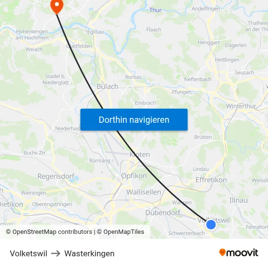 Volketswil to Wasterkingen map