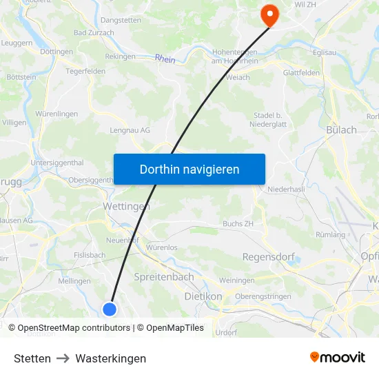 Stetten to Wasterkingen map