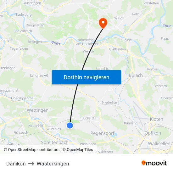 Dänikon to Wasterkingen map