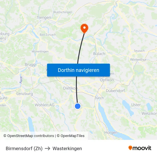 Birmensdorf (Zh) to Wasterkingen map