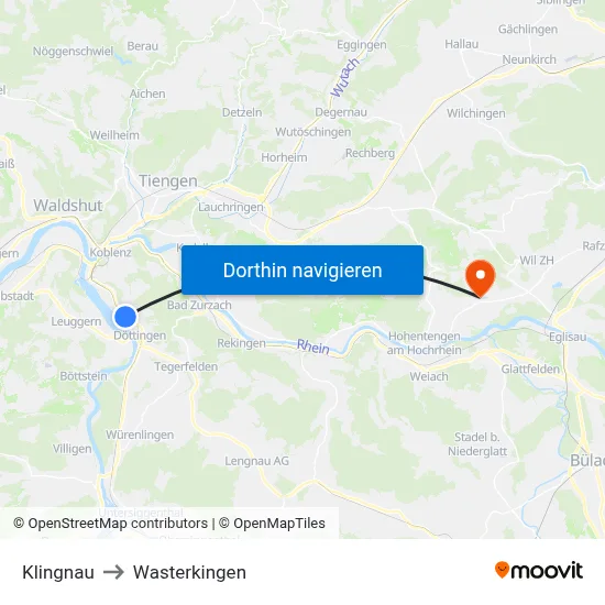 Klingnau to Wasterkingen map