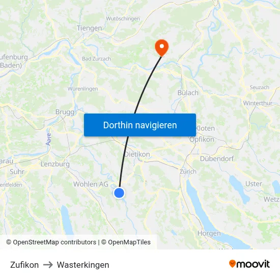 Zufikon to Wasterkingen map