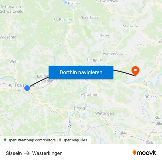 Sisseln to Wasterkingen map