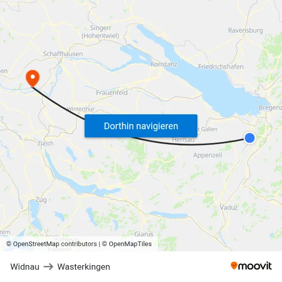 Widnau to Wasterkingen map