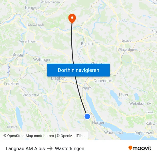 Langnau AM Albis to Wasterkingen map