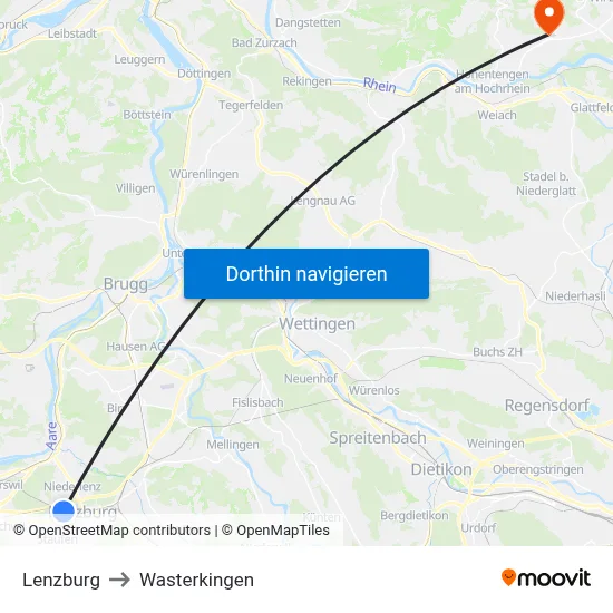 Lenzburg to Wasterkingen map