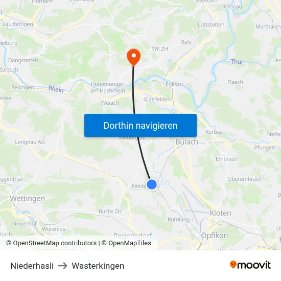 Niederhasli to Wasterkingen map