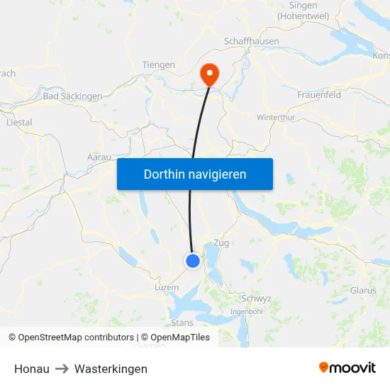 Honau to Wasterkingen map