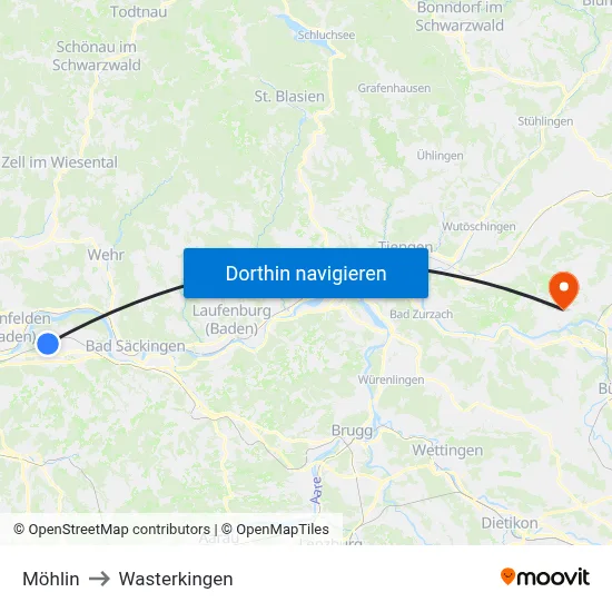 Möhlin to Wasterkingen map