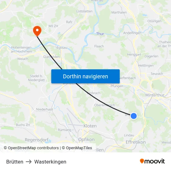 Brütten to Wasterkingen map