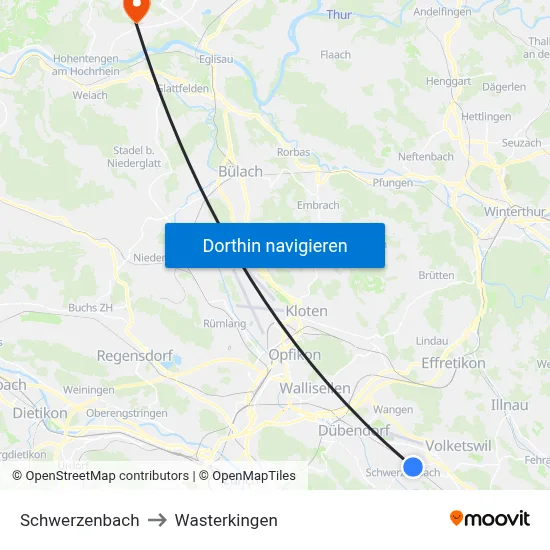 Schwerzenbach to Wasterkingen map