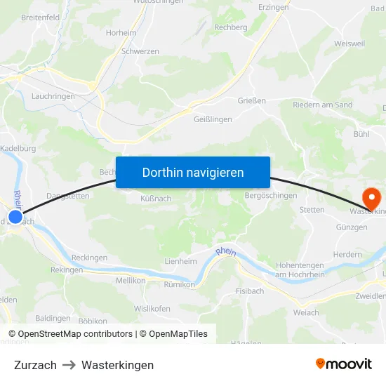 Zurzach to Wasterkingen map
