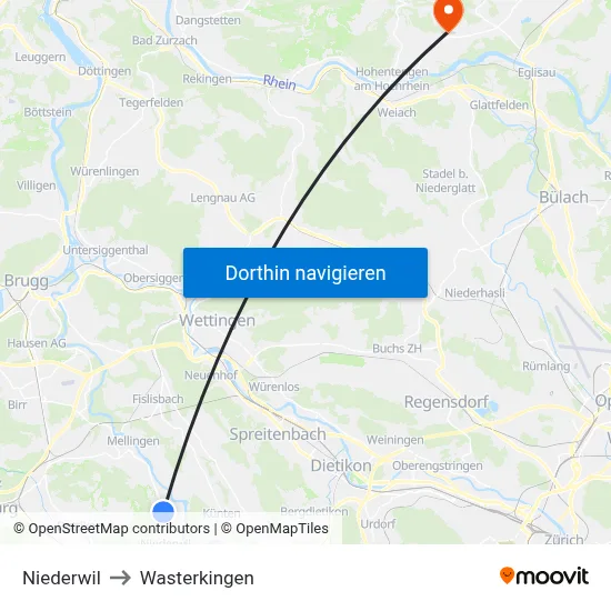 Niederwil to Wasterkingen map
