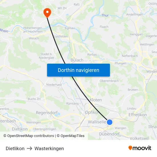 Dietlikon to Wasterkingen map