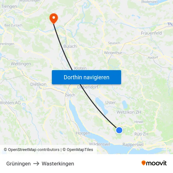 Grüningen to Wasterkingen map